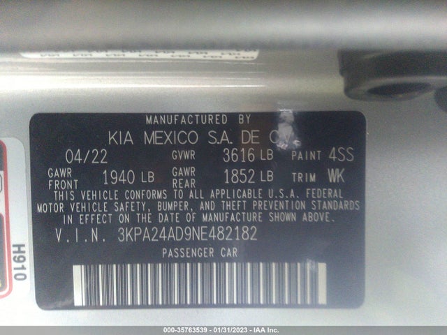 2022 KIA RIO LX VIN: 3KPA24AD9NE482182