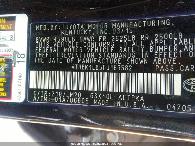 Toyota AVALON LIMITED 2015 4T1BK1EB5FU163582 Image 9