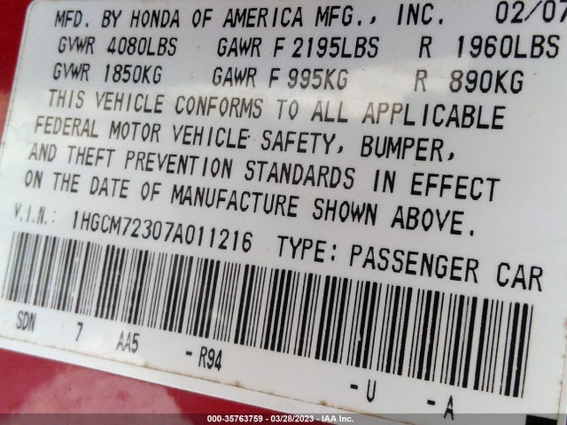 Honda Accord Cpe Lx 2007 1HGCM72307A011216 Image 10