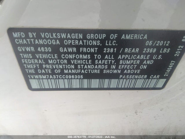 Volkswagen Passat Se W/sunroof 2012 1VWBM7A37CC096305 Image 9