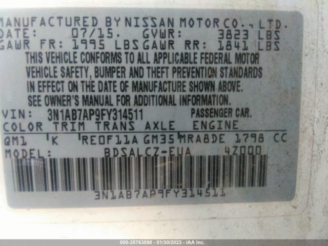3N1AB7AP9FY314511 Nissan SENTRA S