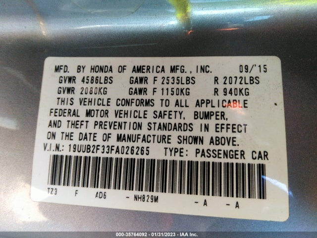 2015 ACURA TLX V6 VIN: 19UUB2F33FA026265