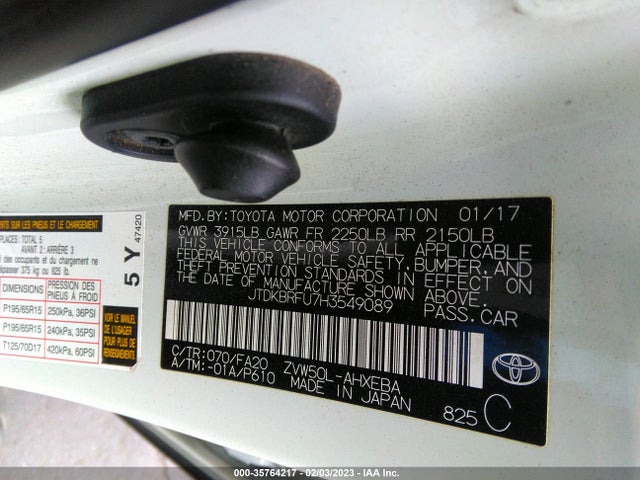 2017 Toyota Prius, VIN: JTDKBRFU7H3549089
