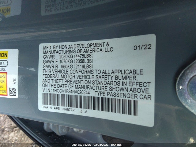 2022 Honda Accord, VIN: 1HGCV1F34NA020244