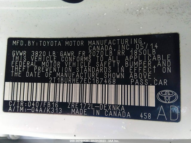 2014 TOYOTA COROLLA L/LE/S/S PLUS/LE PLUS VIN: 2T1BURHE7EC167468