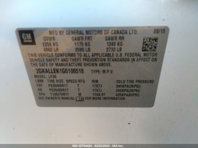 GMC TERRAIN SL 2016 2GKALLEK1G6106518 Image 9