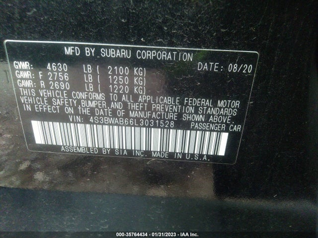 2020 Subaru Legacy, VIN: 4S3BWAB66L3031528