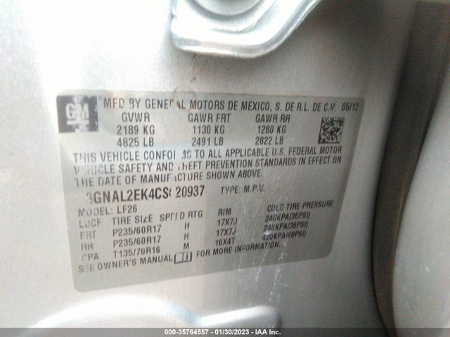 2012 CHEVROLET CAPTIVA SPORT FLEET LS W/2LS VIN: 3GNAL2EK4CS620937