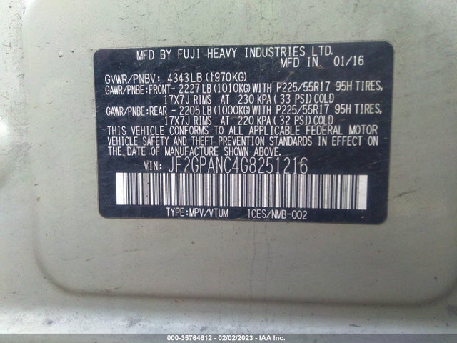 Aukcja sprzedaży 2016 Subaru Crosstrek Limited, vin: JF2GPANC4G8251216, numer aukcji: 35764612