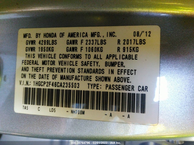 2012 HONDA ACCORD SDN LX PREMIUM VIN: 1HGCP2F46CA235503