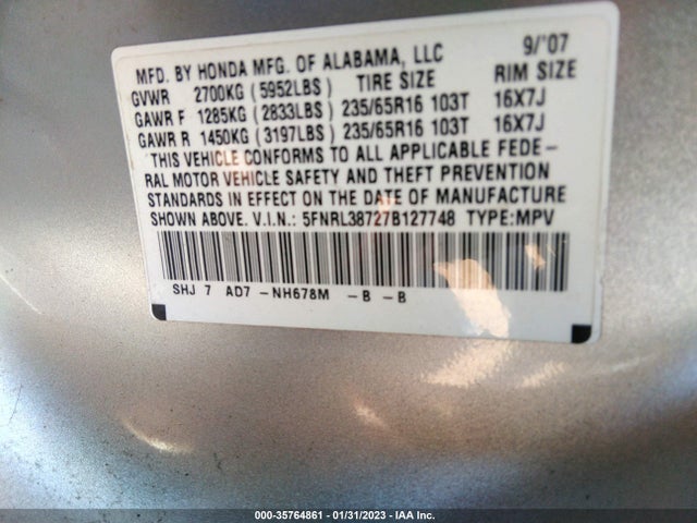 2007 HONDA ODYSSEY EX-L VIN: 5FNRL38727B127748