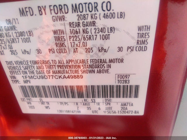 2012 FORD ESCAPE XLT VIN: 1FMCU9D77CKA49889