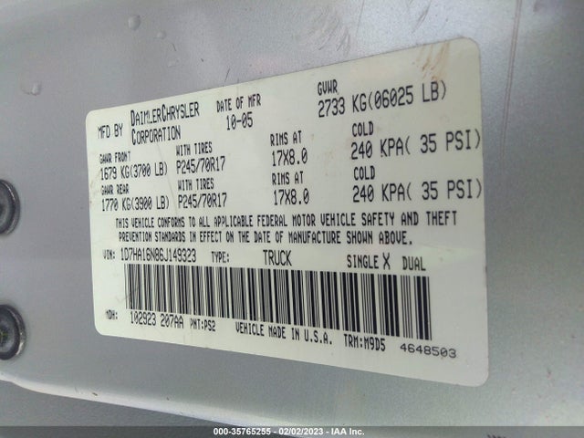 35765255 :رقم المزاد ، 1D7HA16N86J149323 vin ، 2006 Dodge Ram 1500 Slt مزاد بيع