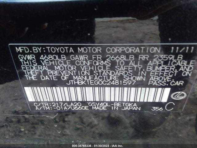 Lexus ES 350 2012 JTHBK1EG0C2481597 Image 10