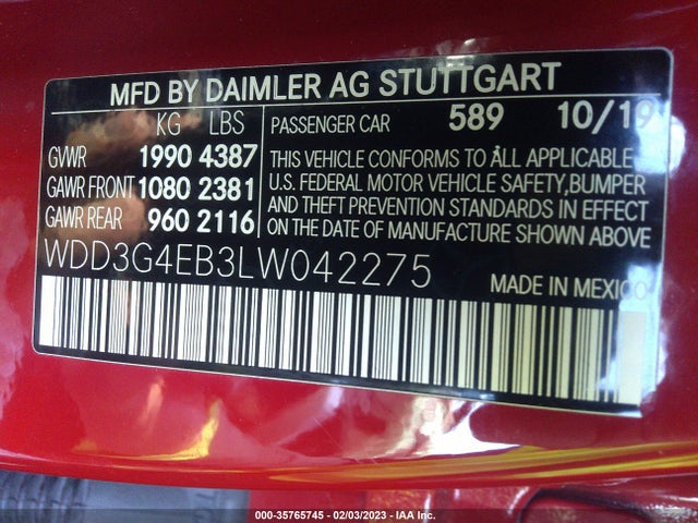 2020 Mercedes-Benz A-Class, VIN: WDD3G4EB3LW042275