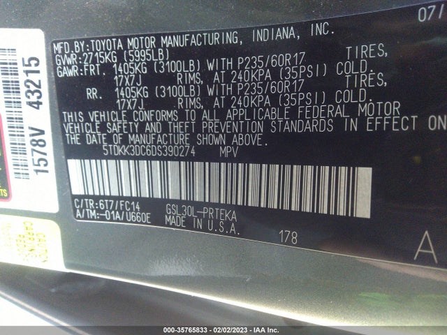 2013 TOYOTA SIENNA LE VIN: 5TDKK3DC6DS390274
