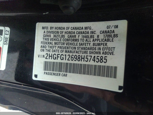 2008 HONDA CIVIC CPE LX VIN: 2HGFG12698H574585