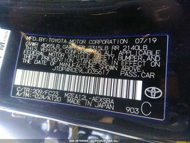 2020 TOYOTA COROLLA SE VIN: JTDP4RCE9LJ035617
