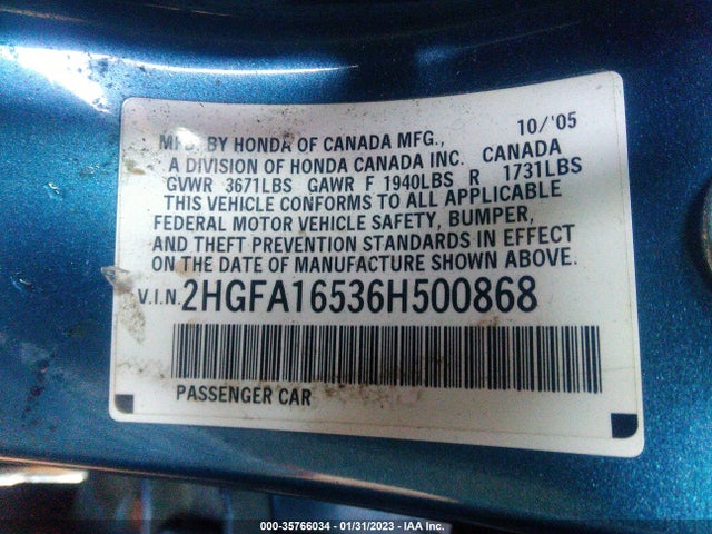 2006 HONDA CIVIC SDN LX VIN: 2HGFA16536H500868