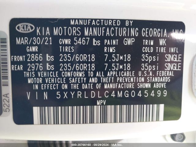 5XYRLDLC4MG045499 KIA SORENTO S