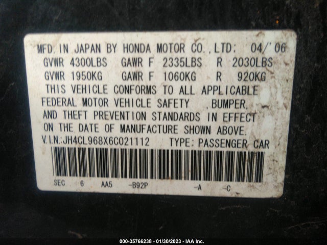 2006 ACURA TSX VIN: JH4CL968X6C021112