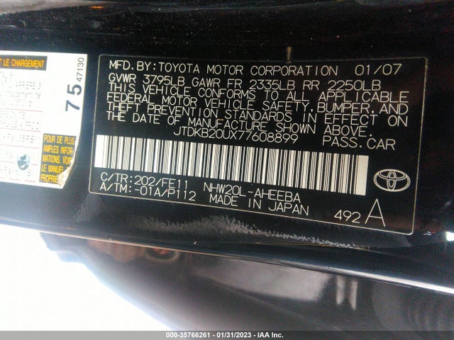 2007 TOYOTA PRIUS VIN: JTDKB20UX77608899