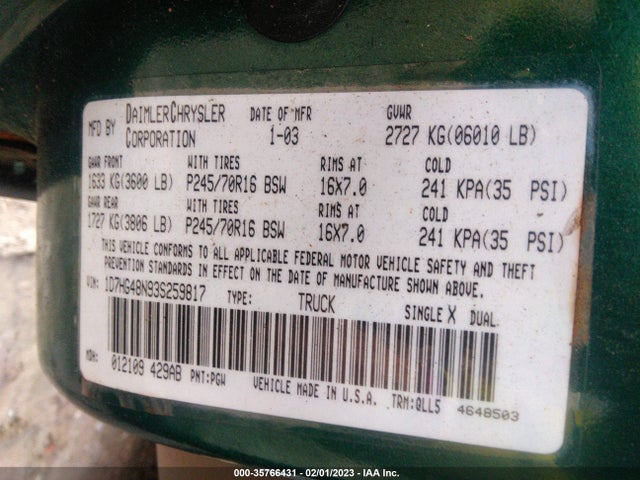 Dodge Dakota 2003 1D7HG48N93S259817 Image 10
