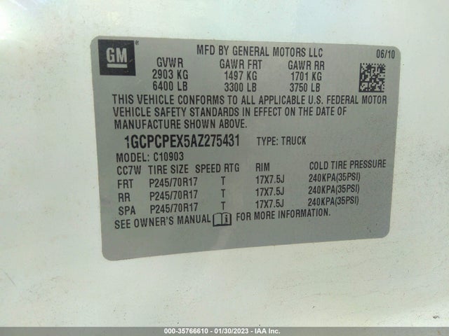 2010 CHEVROLET SILVERADO 1500 WORK TRUCK VIN: 1GCPCPEX5AZ275431