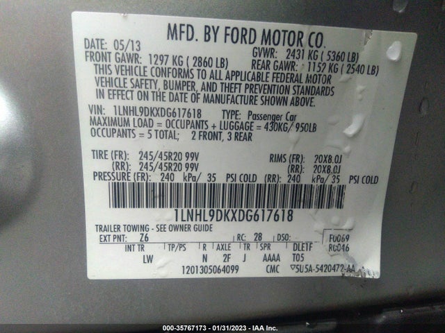 2013 LINCOLN MKS VIN: 1LNHL9DKXDG617618