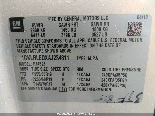 GMC ACADIA SLE 2010 1GKLRLEDXAJ234811 Image 10
