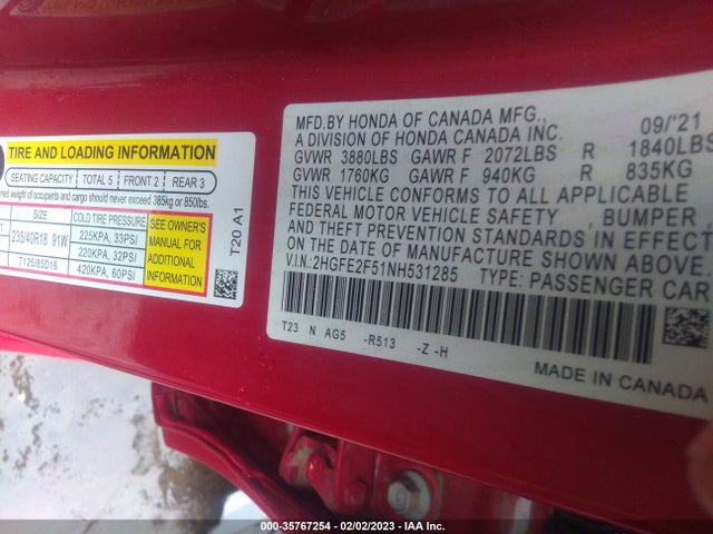 2022 HONDA CIVIC SEDAN SPORT VIN: 2HGFE2F51NH531285