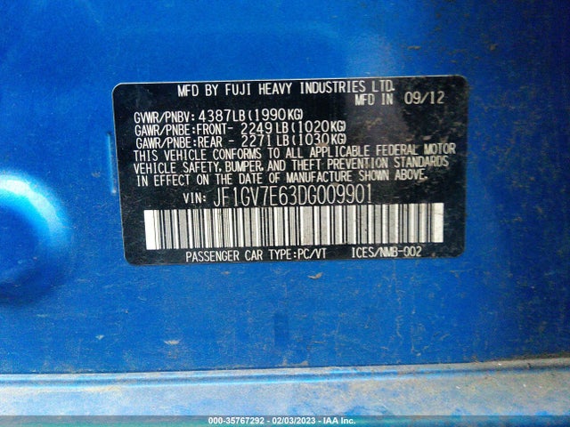 2013 SUBARU IMPREZA SEDAN WRX WRX VIN: JF1GV7E63DG009901