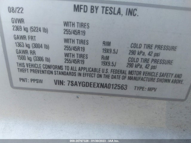 2022 Tesla Model Y, VIN: 7SAYGDEEXNA012563