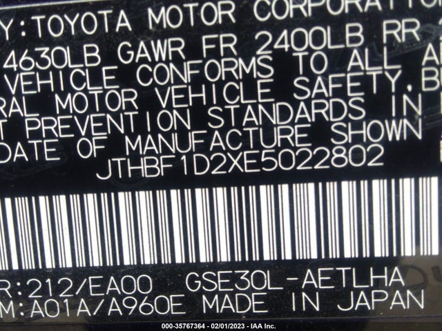 2014 LEXUS IS 250 VIN: JTHBF1D2XE5022802