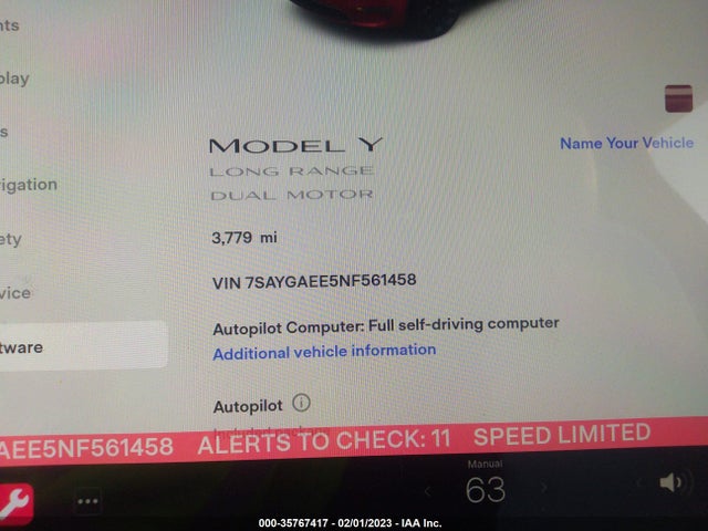 2022 TESLA MODEL Y LONG RANGE VIN: 7SAYGAEE5NF561458