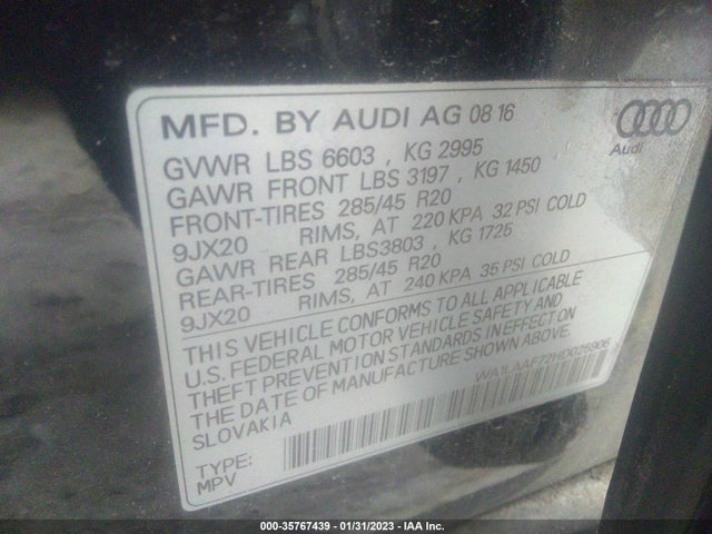 35767439 :رقم المزاد ، WA1LAAF72HD025906 vin ، 2017 Audi Q7 Premium Plus مزاد بيع