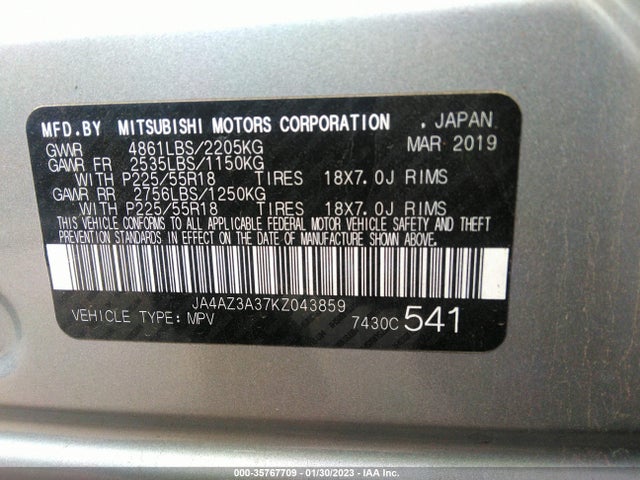 JA4AZ3A37KZ043859 Mitsubishi Outlander Es/se/sel/le