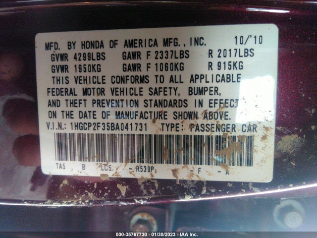 2011 HONDA ACCORD SDN LX VIN: 1HGCP2F35BA041731