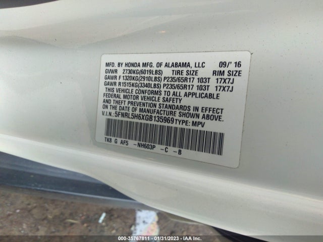 2016 Honda Odyssey, VIN: 5FNRL5H6XGB135969