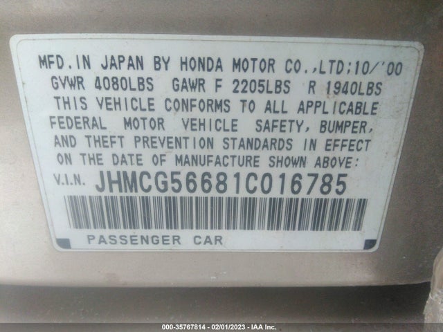 2001 HONDA ACCORD SDN EX VIN: JHMCG56681C016785