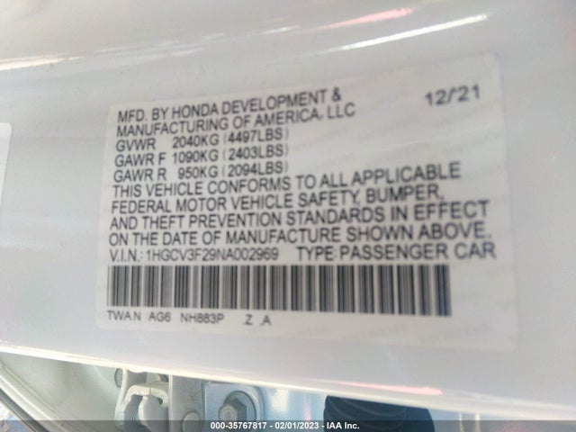 2022 Honda Accord, VIN: 1HGCV3F29NA002969