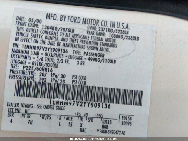 Lincoln Continental 2000 1LNHM97V2YY909136 Image 10