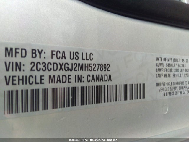 2021 DODGE CHARGER SCAT PACK VIN: 2C3CDXGJ2MH527892