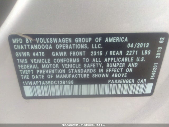 2013 VOLKSWAGEN PASSAT S VIN: 1VWAP7A39DC128188