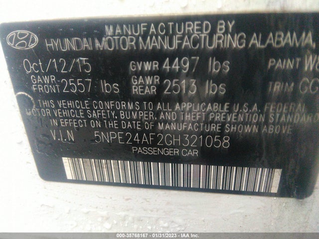 2016 HYUNDAI SONATA 2.4L SE VIN: 5NPE24AF2GH321058