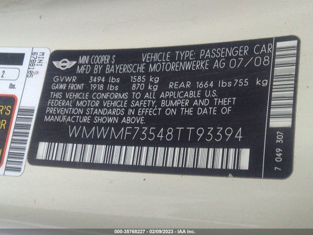 WMWMF73548TT93394 Mini Cooper Hardtop S