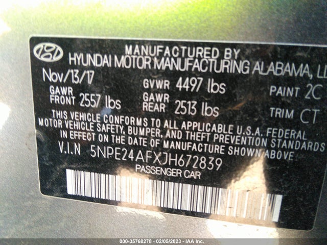 2018 HYUNDAI SONATA SE VIN: 5NPE24AFXJH672839