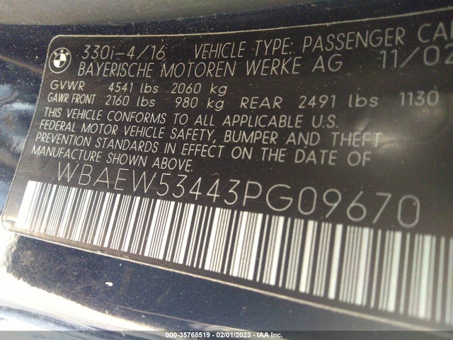 2003 BMW 3 SERIES 330XI VIN: WBAEW53443PG09670