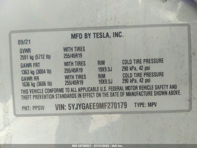2021 Tesla Model Y, VIN: 5YJYGAEE9MF270179