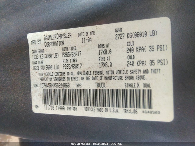 Dodge Dakota Laramie 2005 1D7HW58NX5S204868 Image 10
